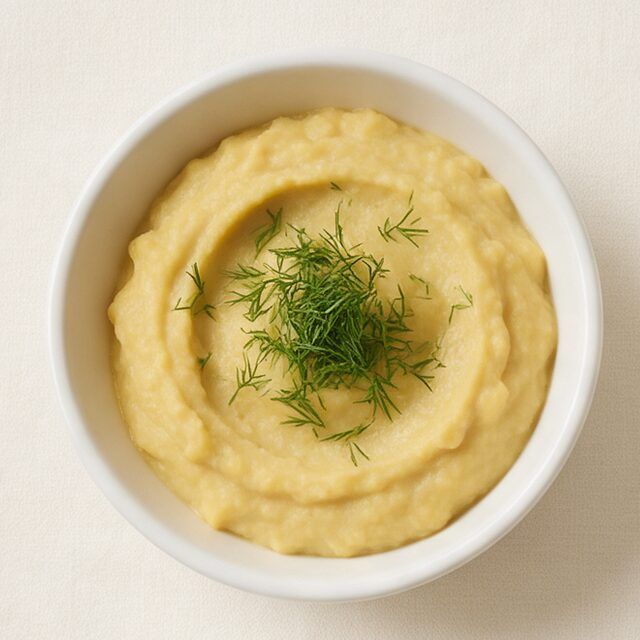 Beyaz kâsede dereotlu fava, yüzeyi zeytinyağıyla parlıyor