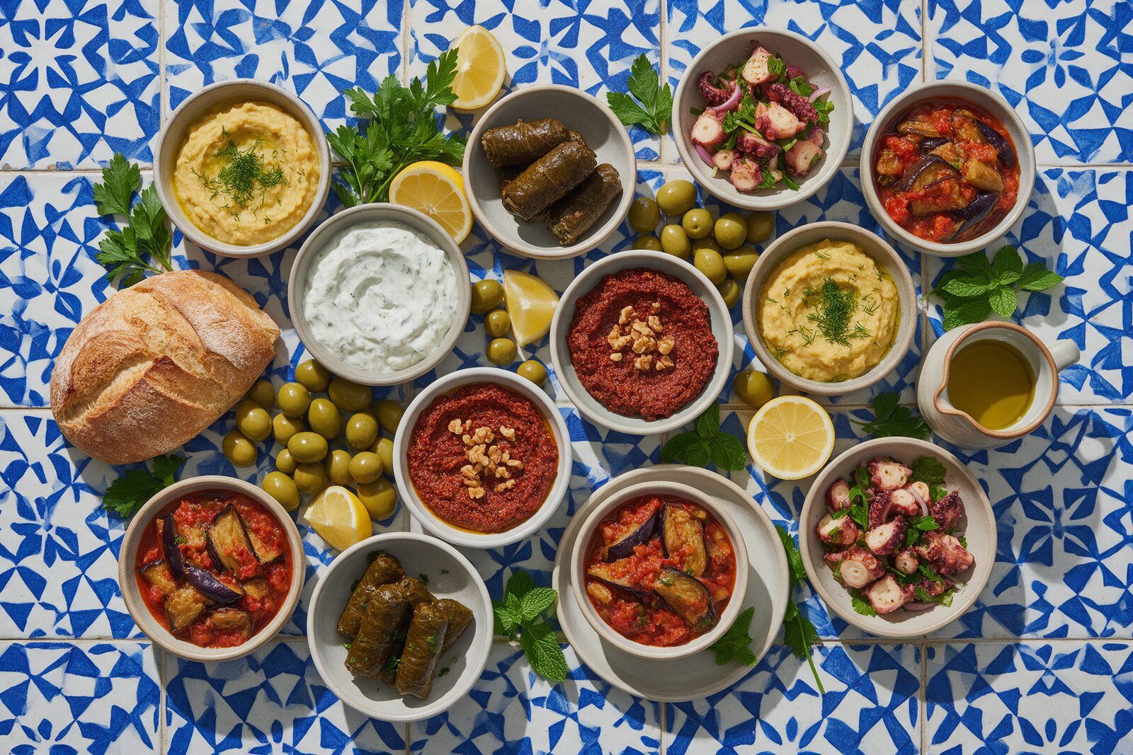 Mavi beyaz çini masada yukarıdan meze sofrası: fava, haydari, muhammara, şakşuka, sarma, ahtapot salatası, zeytin, limon ve ekmek