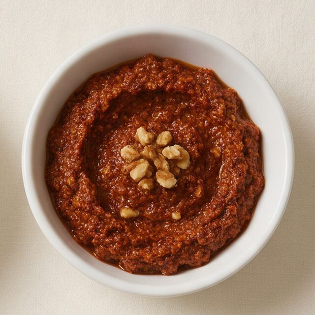 Beyaz kâsede közlenmiş kırmızı biberli muhammara, üstünde ceviz içi
