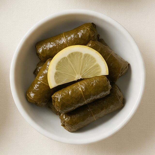 Beyaz kâsede zeytinyağlı yaprak sarmalar ve bir dilim limon